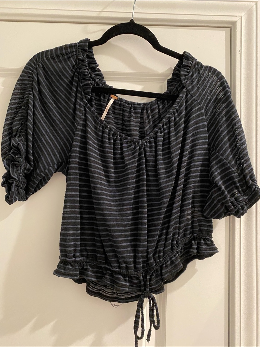 Free People Black Striped Puff-Sleeve Tie-Hem Crop Top